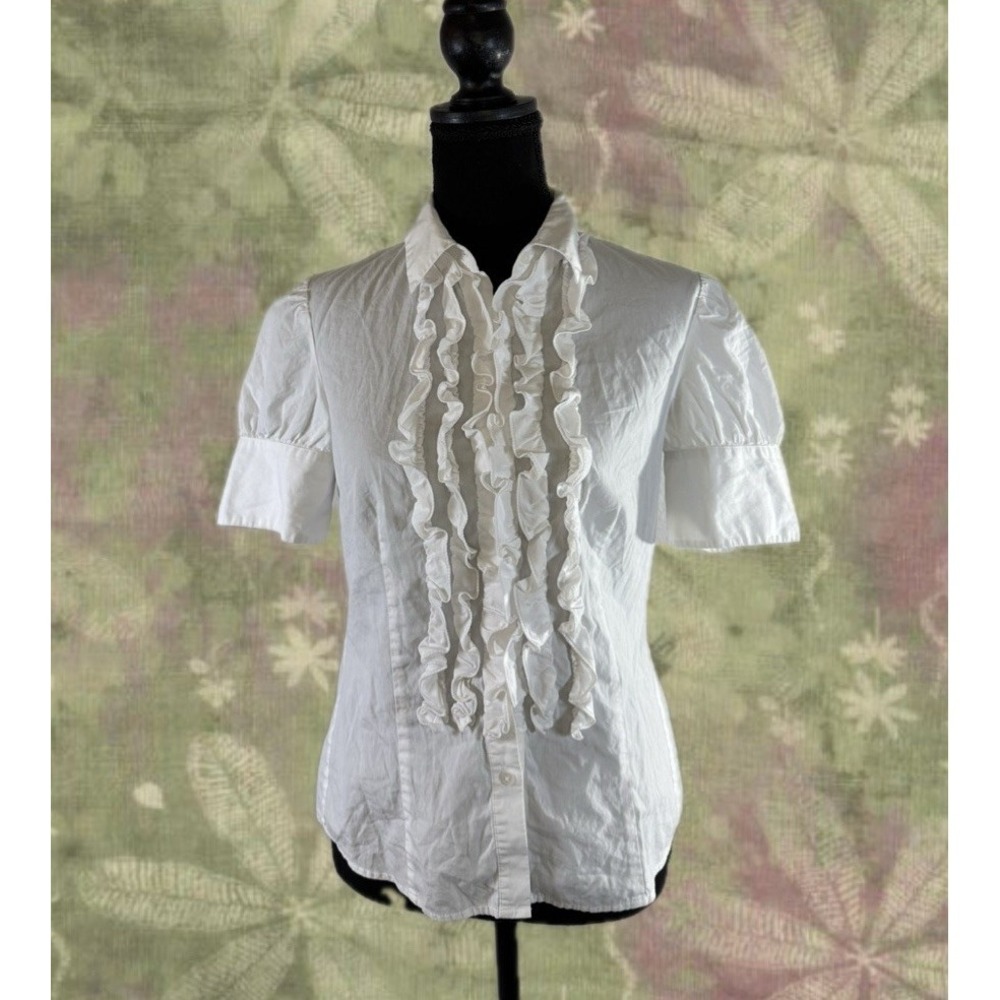 Moda International White Button Up Top Size S Ruffle Office Y2K Cottagecore